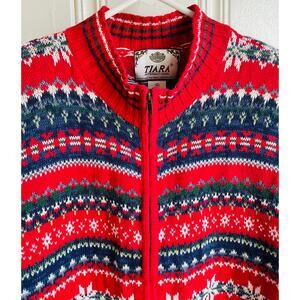 Vtg Tiara International Fair Isle Zip-Up Holiday Cardigan Red Nordic Size M